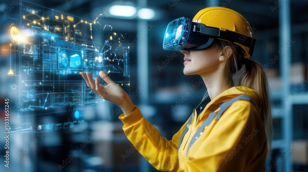 warehouse worker wearing virtual reality headset interacts with augmented reality displays, showcasing advanced technology in modern industrial setting warehouse worker wearing virtual reality headset interacts with augmented reality displays, showcasing advanced technology in modern industrial setting