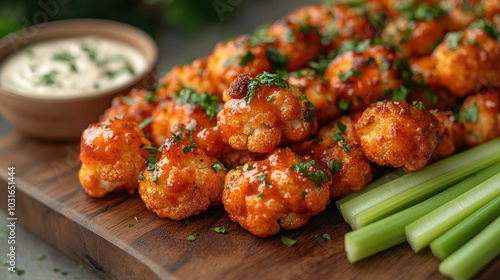 Crispy cauliflower bites tossed in a tangy buffalo sauce, served with celery sticks and vegan ranch dip on a wooden board
