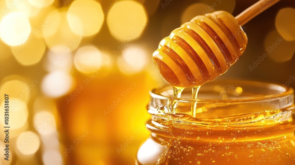 Honey dripping from a wooden dipper into a glass jar. Honey dripping from a wooden dipper into a glass jar.