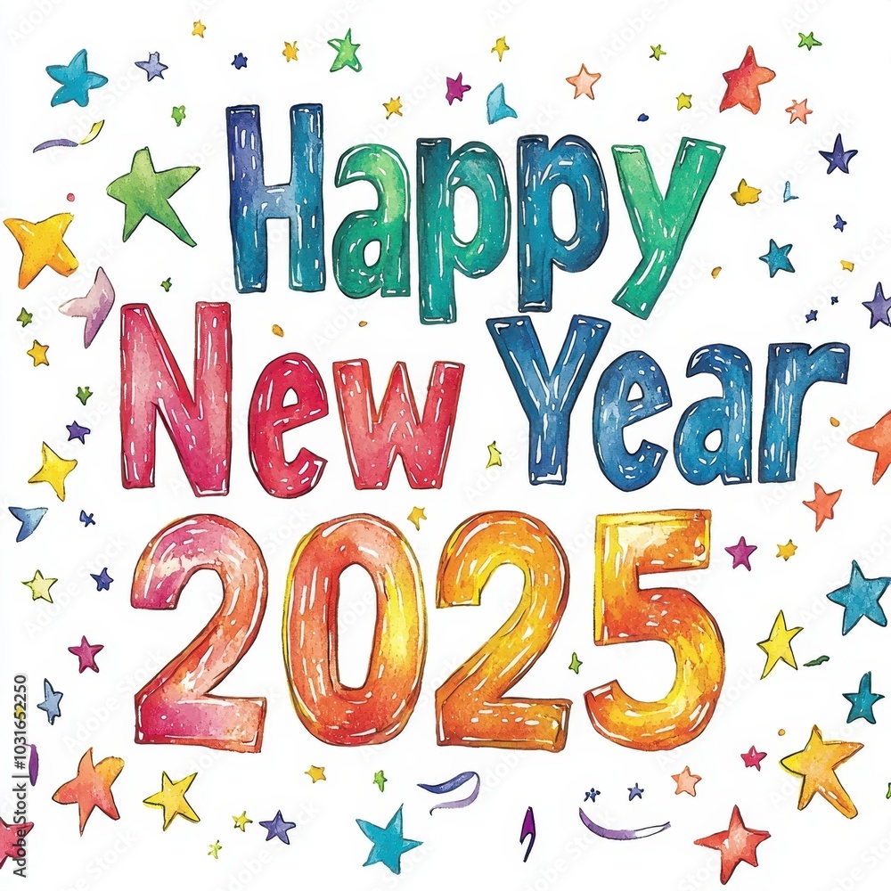 A colorful illustration celebrating New Year 2025 featuring the phrase A colorful illustration celebrating New Year 2025 featuring the phrase
