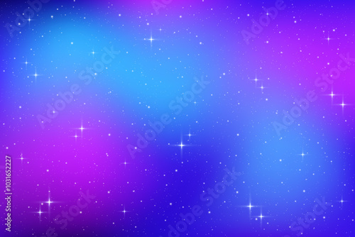 Blue and purple starry sky. Vector space background with magic dark gradient. Pink universe with constellations. Dreamy starlight galaxy. Fairy astrology wallpaper