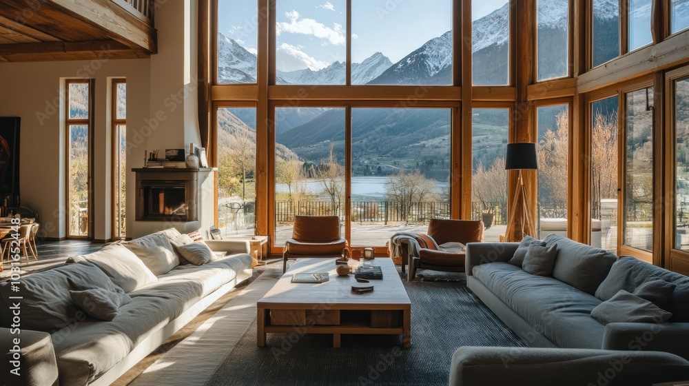 Modern Living Room with Mountain View and Large Windows Modern Living Room with Mountain View and Large Windows