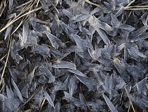 2408 104.A frosty morning scene with dark grass leaves encrusted in large, sharp ice crystals. The cold air has created a thick layer of frost, giving the grass a silvery appearance. The close-up photo