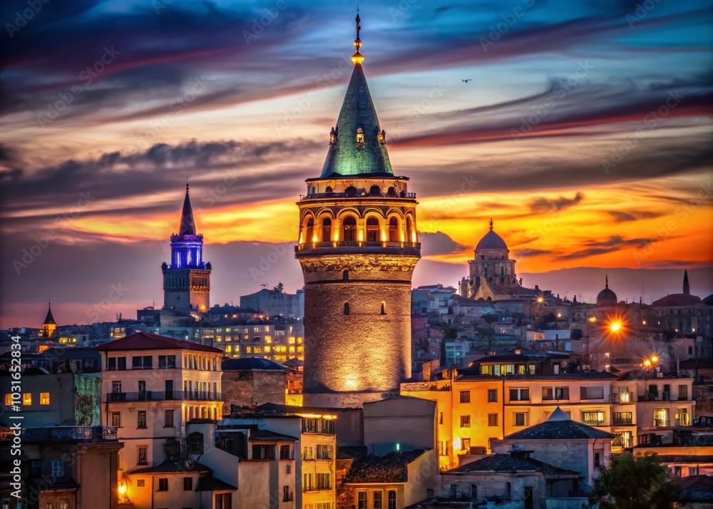 Obraz premium Stunning Macro Photography of Istanbul Skyline Featuring Galata Tower at Dusk with Vibrant City Lights and