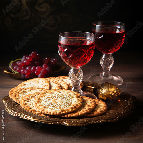 Photo matzot and red wine glasses of symbols of passover photo