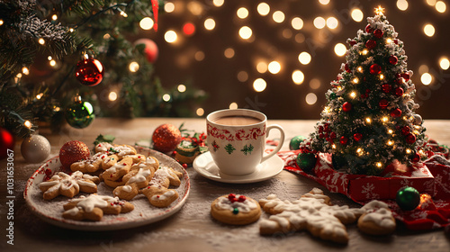 Hot drink with marshmallows and candy cane in red mug. Fir cones, spices in the background. Cozy seasonal holidays 