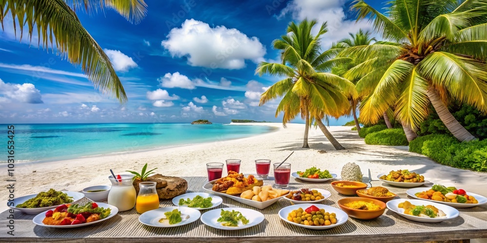 Obraz premium Stunning Maldives Beach with Turquoise Waters and Exquisite Food Presentation for Tropical Escape