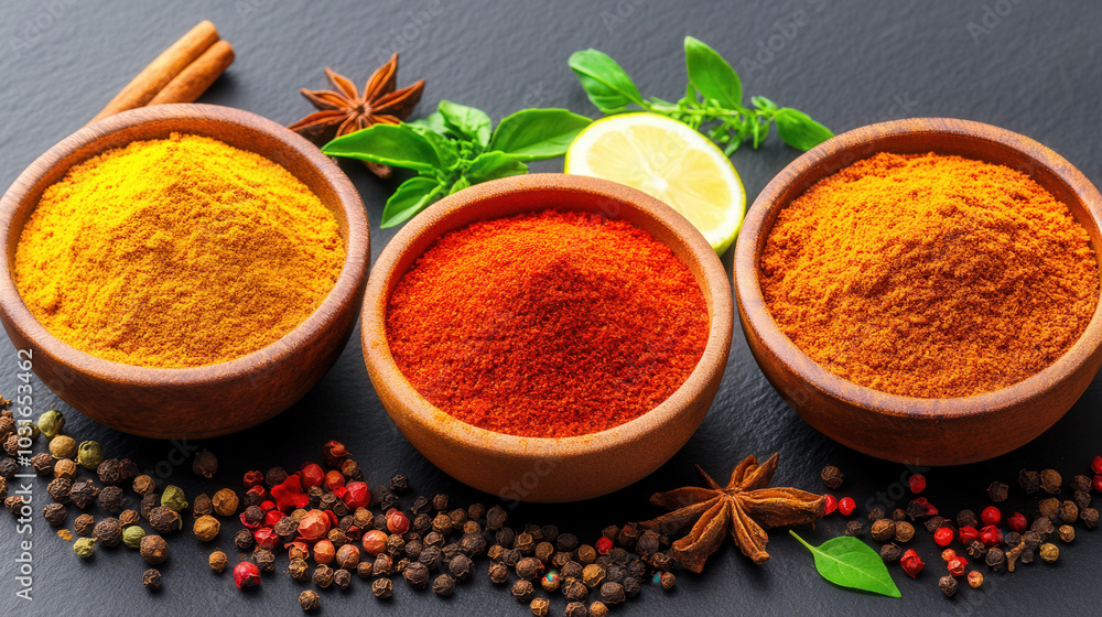 Vibrant ground spices in rustic bowls create colorful display, showcasing rich textures and hues of turmeric, chili, and paprika. Fresh herbs and lemon add refreshing touch Vibrant ground spices in rustic bowls create colorful display, showcasing rich textures and hues of turmeric, chili, and paprika. Fresh herbs and lemon add refreshing touch