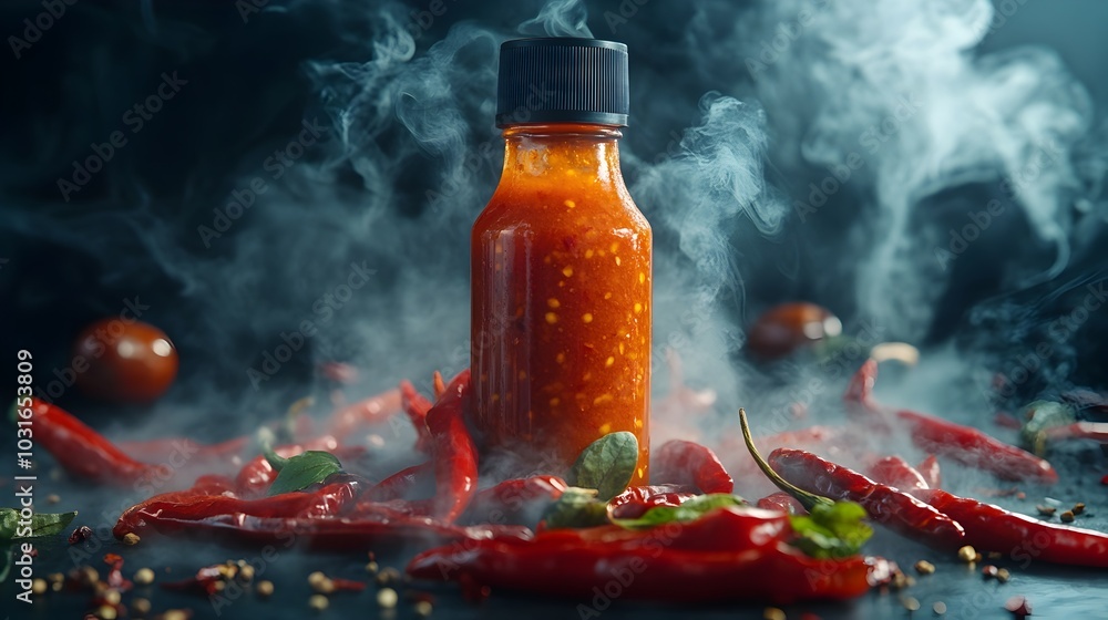 Flaming Hot Spicy Sauce in Bottle Surrounded by Chili Peppers and Smoke Flaming Hot Spicy Sauce in Bottle Surrounded by Chili Peppers and Smoke