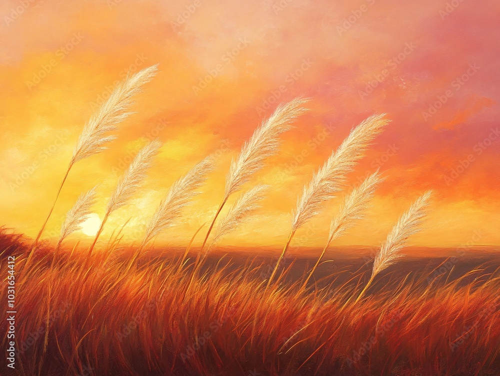 2408 100.A peaceful view of pampas grass gently swaying in the soft light of a setting sun. The golden plumes catch the last rays of daylight, glowing against the vibrant sunset sky. The warm tones 2408 100.A peaceful view of pampas grass gently swaying in the soft light of a setting sun. The golden plumes catch the last rays of daylight, glowing against the vibrant sunset sky. The warm tones