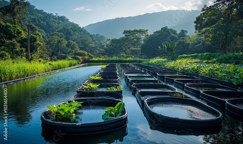 Aquaculture Farm modern aquaculture farm with rows of fish tanks or ponds, surrounded by lush greenery, highlighting sustainable fish farming, Generative AI photo