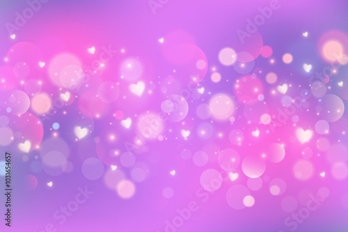 Pink and purple blurred background with hearts bokeh and glitter. Valentine day romantic backdrop with dreamy sparkles and stars. Bright color gradation sky with magic soft light. Vector