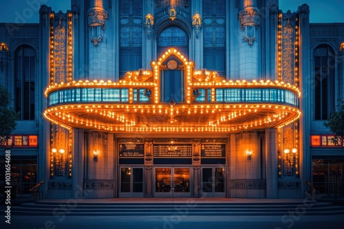 A classic theater with an ornate, vintage facade, featuring large