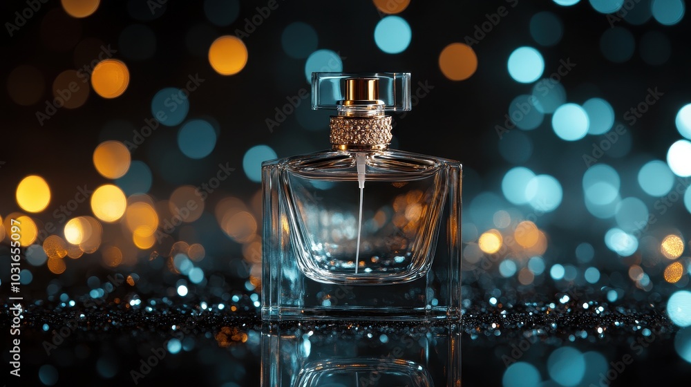 Elegant Perfume Bottle with Bokeh Lights Background Elegant Perfume Bottle with Bokeh Lights Background