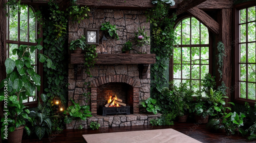 Cozy Stone Fireplace Interior with Window View and Plants Cozy Stone Fireplace Interior with Window View and Plants