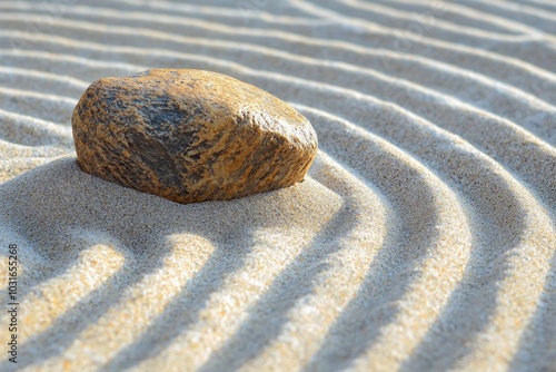 A peaceful zen garden with perfectly raked sand patterns and a single rock in the center.  photo