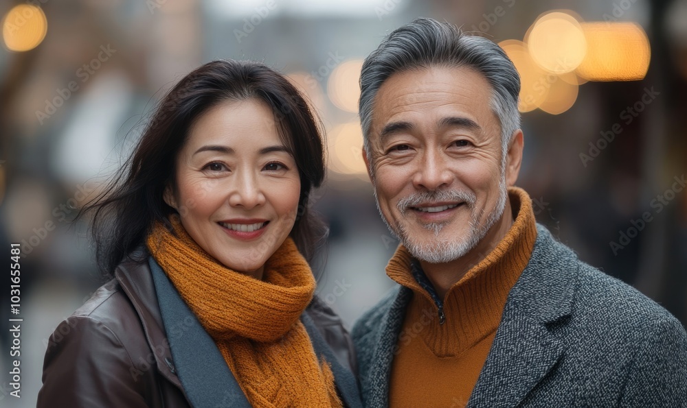 Portrait Asian middle aged couple in urban city, Generative AI Portrait Asian middle aged couple in urban city, Generative AI
