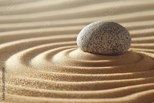 A peaceful zen garden with perfectly raked sand patterns and a single rock in the center. 