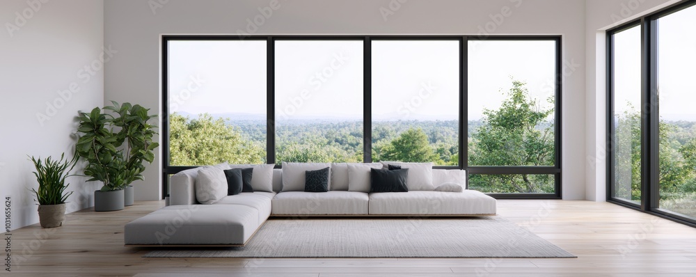 Fototapeta premium Modern interior design featuring a spacious living room with large windows and a stunning view.