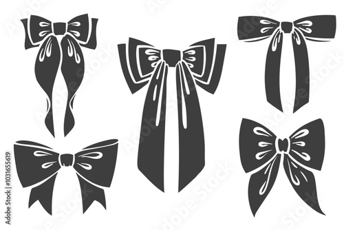 Ribbon bow with knot for gift and hair. Vector icons and doodle black silhouette. Hand drawn flat design for birthday and Christmas holidays presents decoration. Fashion elements accessories.