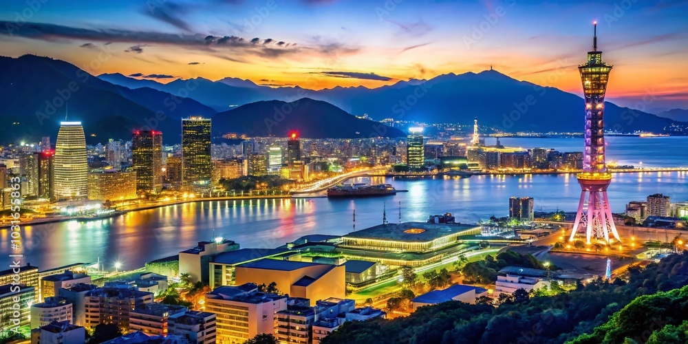 Fototapeta premium Stunning Night Skyline of Kobe, Japan - Vibrant City Lights and Majestic Harbor Views