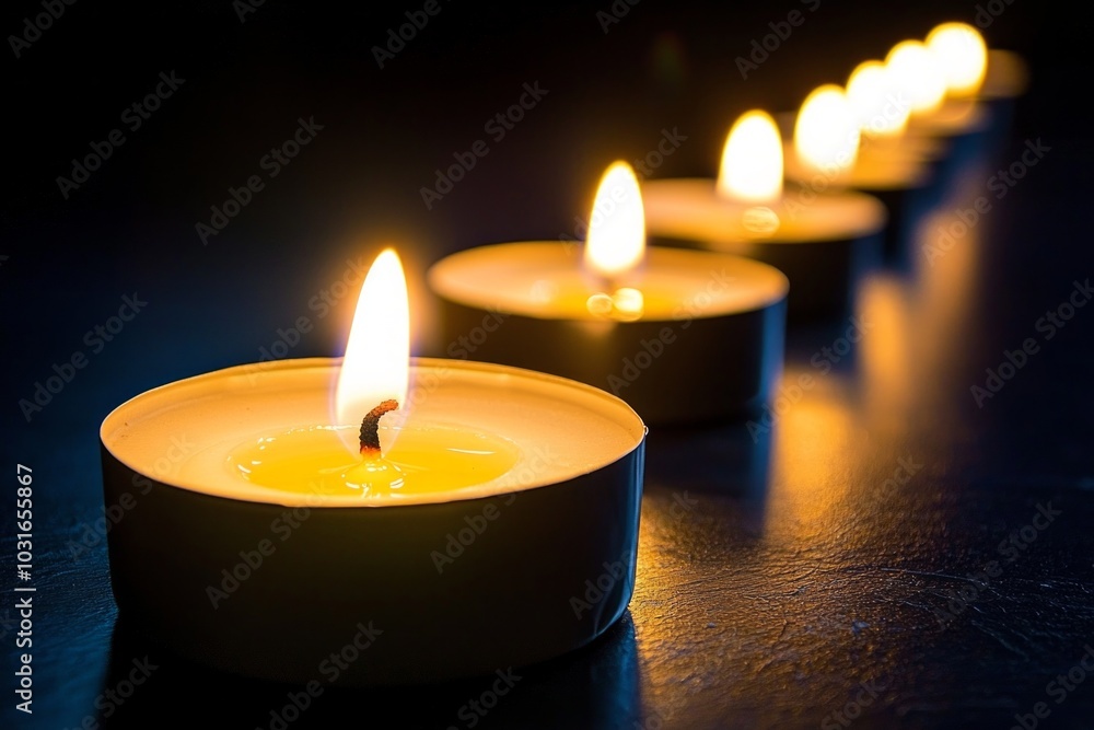A row of white candles in a dark room, all but one unlit, creating a striking contrast. 