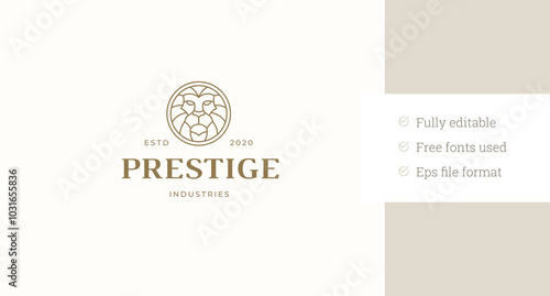 Lion polygonal portrait luxury circle line art logo design template for fashion brand vector illustration. Golden leo muzzle minimalist linear logotype for spa wellness beauty salon makeup artist
