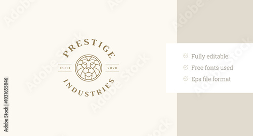 Luxury golden lion geometric portrait circle line art logo design template vector illustration. Premium leo muzzle fashion minimalist linear logotype for spa plastic surgery stylist designer brand