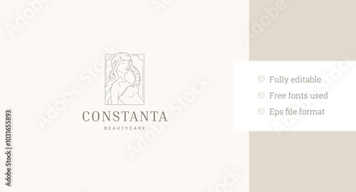 Elegant sacred young beauty woman portrait line art logo design template vector illustration. Gentle female magic mythology linear logotype for coiffure hairdresser fashion stylist cosmetologist