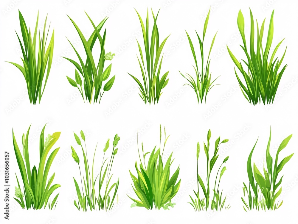 Fototapeta premium 2408 59.A set of green grass illustrations in flat vector style, with a variety of blades arranged in neat rows. Each blade of grass is stylized and isolated on a white background, highlighting the