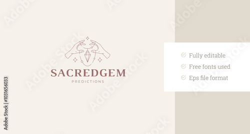 Hands holding magic necklace with gem crystal line art logo design template vector illustration. Luxury jewelry accessory brilliant diamond linear logotype for cosmetology stylist fashion brand