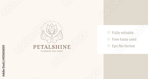 Yoga meditation namaste hands with lotus line art logo design template vector illustration. Sacred arms with zen flower linear logotype for florist gardening spa relax wellness spiritual studio