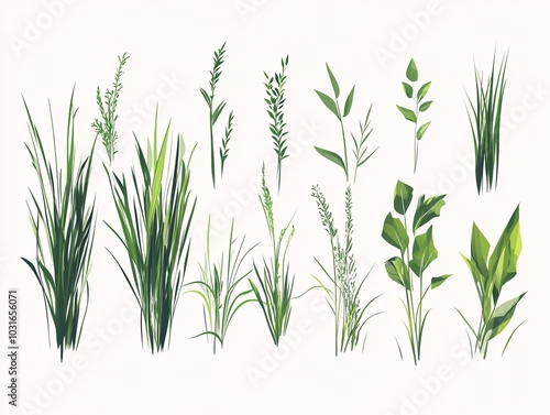 2408 57.A set of vector illustrations showcasing different grass types, with each blade designed in a flat, minimalist style. The green grass stands tall and vibrant, forming a uniform pattern