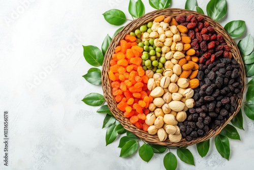 Dried fruits and nuts mixed in a wicker plate, branch with young green leaves. Concept of the Jewish holiday Tu Bishvat on white background with copy space  photo