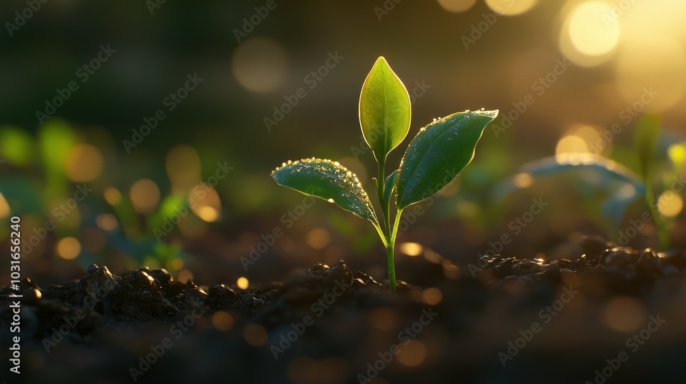 A Single Sprout Emerging from the Ground in Golden Light A Single Sprout Emerging from the Ground in Golden Light