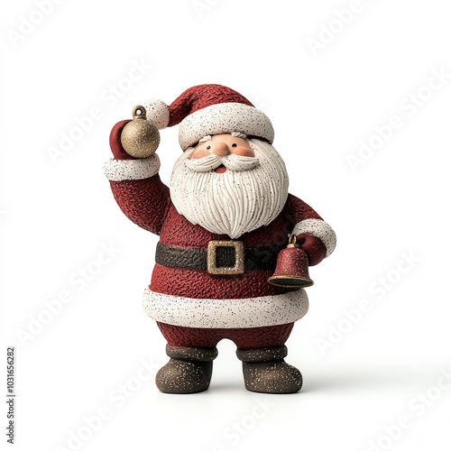 Santa Claus figure holding a bell, white isolated background.