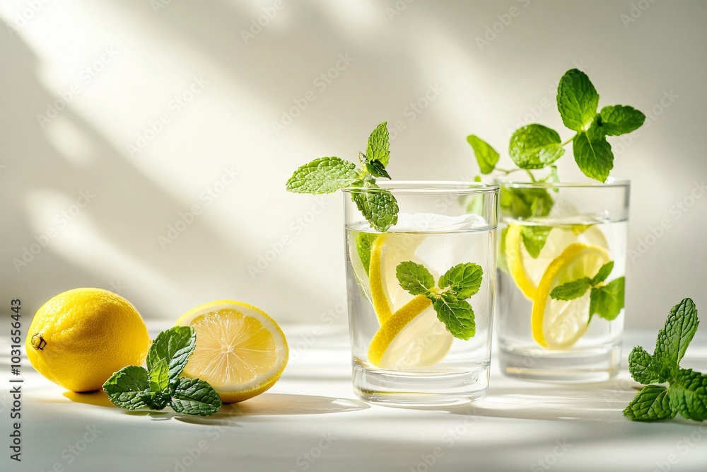 Fototapeta premium Fresh Lemon and Mint Infused Water in Clear Glasses