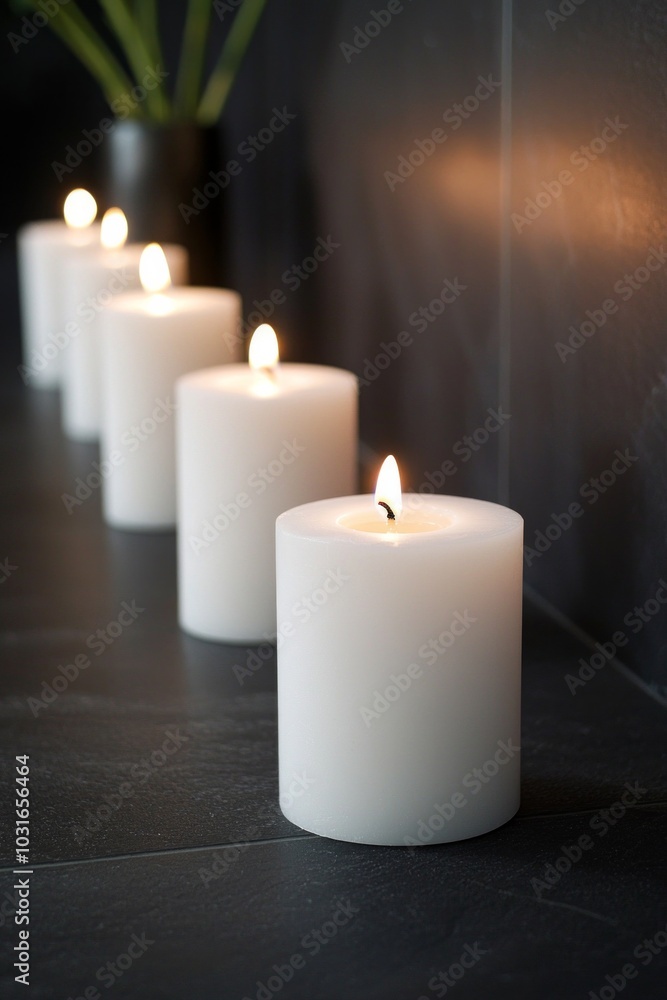 A row of white candles in a dark room, all but one unlit, creating a striking contrast. A row of white candles in a dark room, all but one unlit, creating a striking contrast.