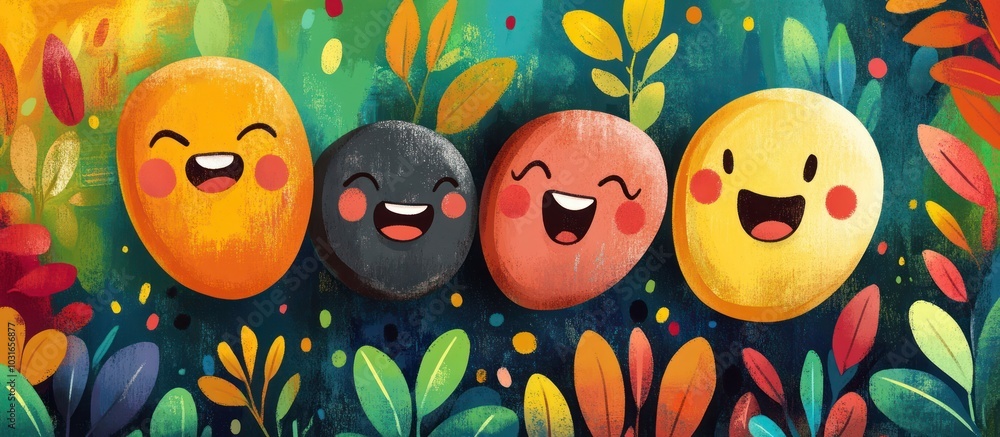 Four smiling cartoon faces in a row against a colorful nature background. Four smiling cartoon faces in a row against a colorful nature background.