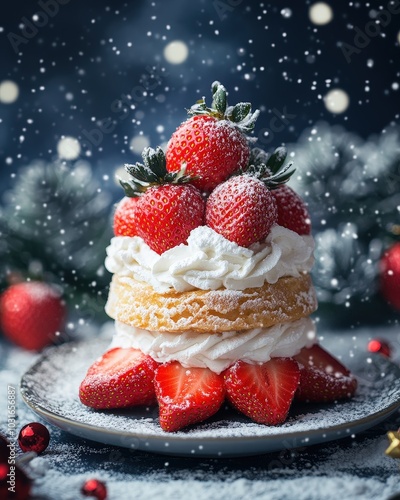 Delicious Strawberry Shortcake with Whipped Cream and Festive Lights