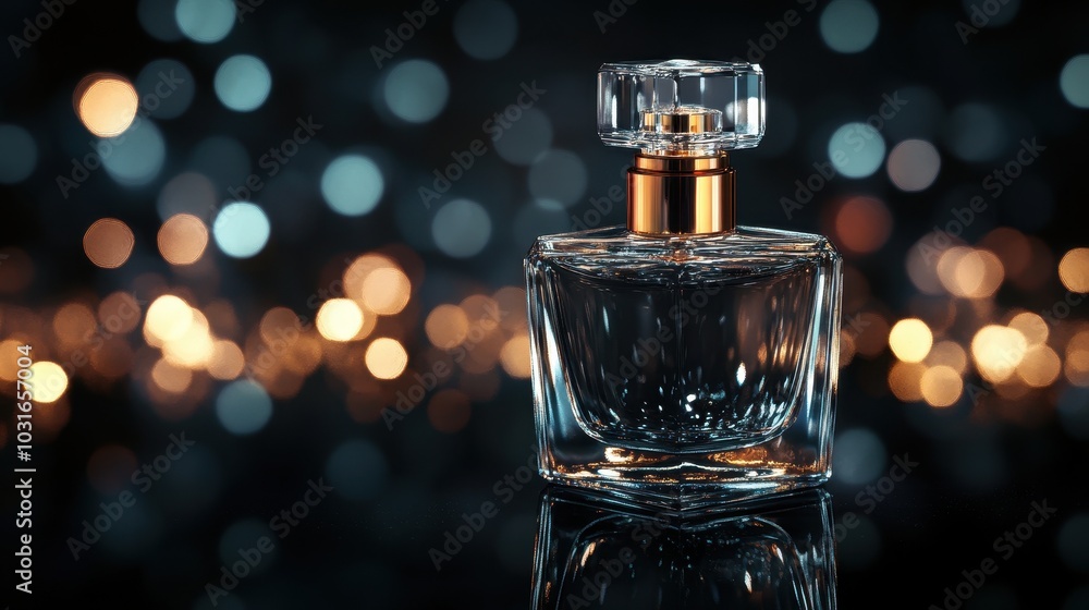Elegant perfume bottle on shimmering background Elegant perfume bottle on shimmering background