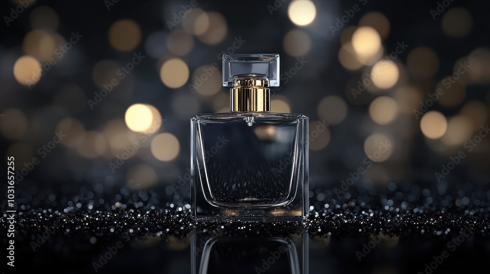 Elegant Glass Perfume Bottle with Bokeh Background Elegant Glass Perfume Bottle with Bokeh Background