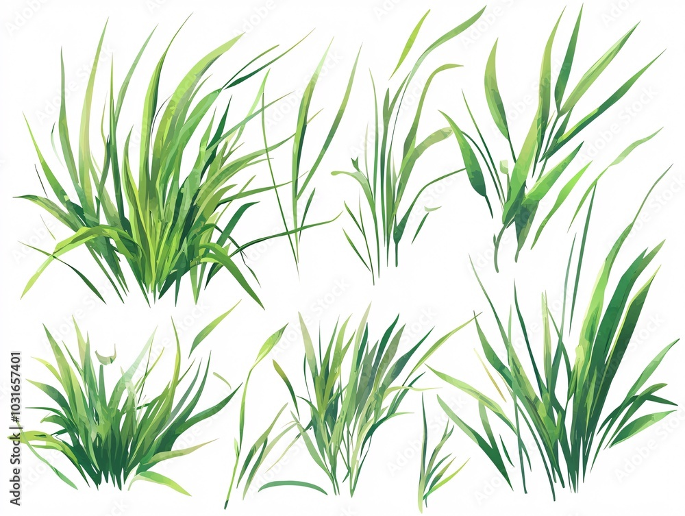 2408 60.A vector illustration featuring a set of green grass blades in flat style, with soft curves and sharp edges. The blades are arranged in different heights, forming a playful and dynamic 2408 60.A vector illustration featuring a set of green grass blades in flat style, with soft curves and sharp edges. The blades are arranged in different heights, forming a playful and dynamic