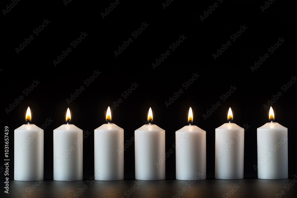 A row of white candles in a dark room, all but one unlit, creating a striking contrast. A row of white candles in a dark room, all but one unlit, creating a striking contrast.