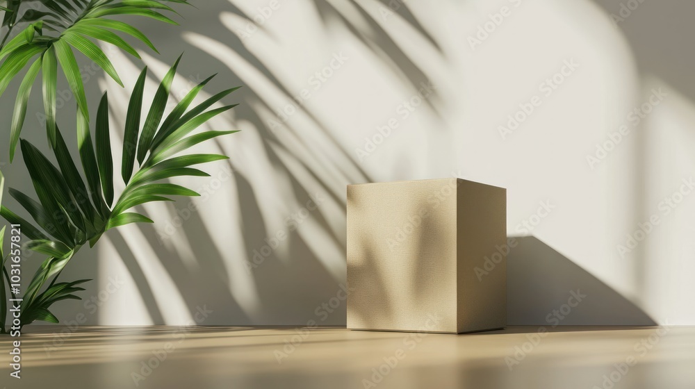 A Square Box on a Wooden Surface with Palm Leaves and Shadows A Square Box on a Wooden Surface with Palm Leaves and Shadows