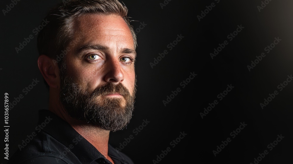 Fototapeta premium A tight shot of a bearded man in black attire, gazing intently into the camera with a grave expression