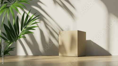 Wallpaper Mural A Square Box on a Wooden Surface with Palm Leaves and Shadows Torontodigital.ca