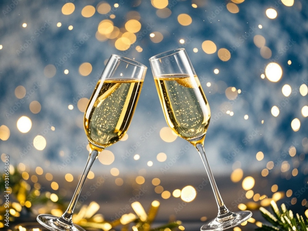 Champagne Toast Celebration - Happy New Year With Golden Glitter On Blue Abstract Background And Defocused Bokeh Lights