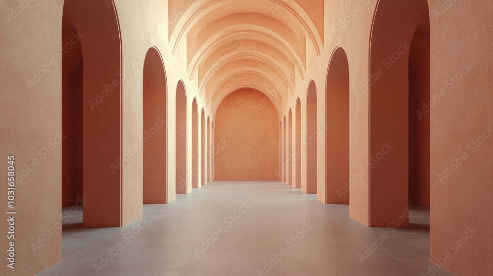 Fototapeta premium Spacious hall with arched windows and peach-colored walls creating a serene atmosphere.