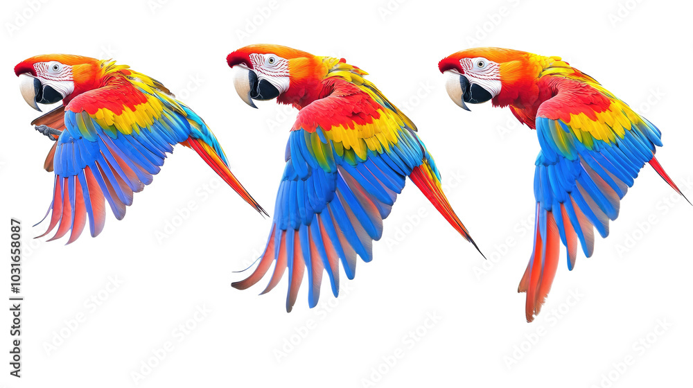 Obraz premium Colorful Macaws Flying in Formation Against a Transparent Background Generative AI